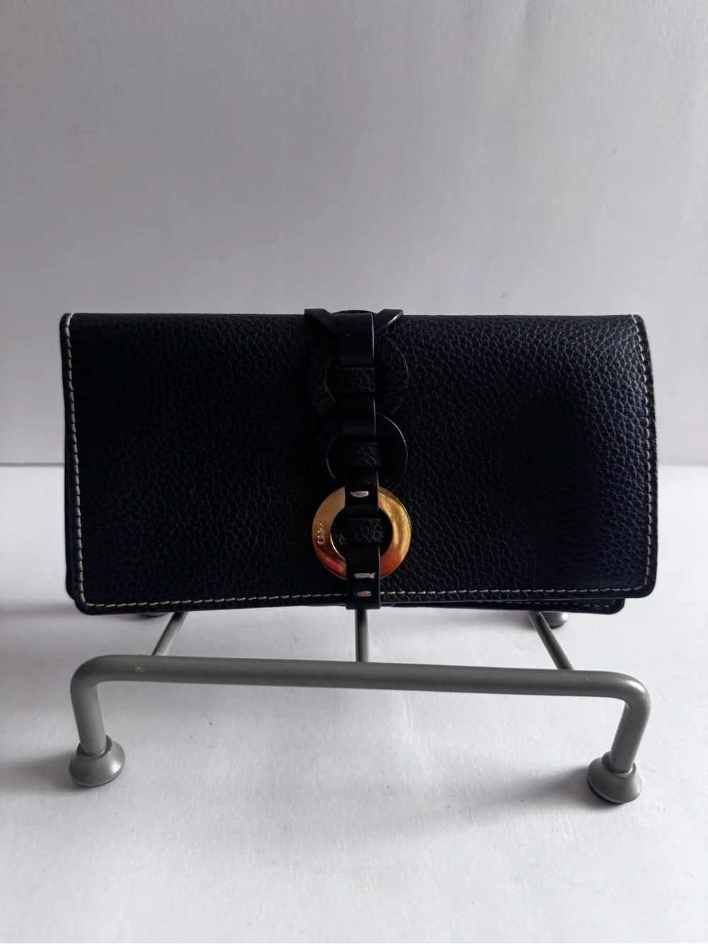 Chloe Black  Leather Clutch with Gold Ring Detail